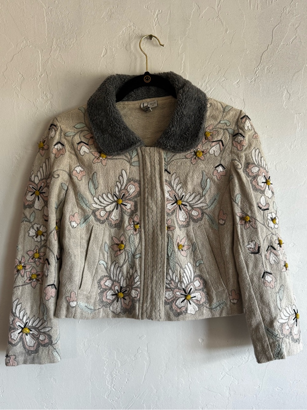 Blank London Floral Embroidered Faux Fur Collar Jacket - Petite XS